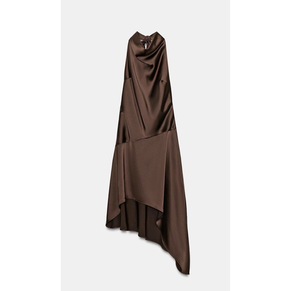 Zara Brown Satin Halter Dress Medium Elegant Evening